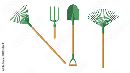 Collection of green gardening tools including a rake, pitchfork, and shovel with wooden handles are arranged on a white background.