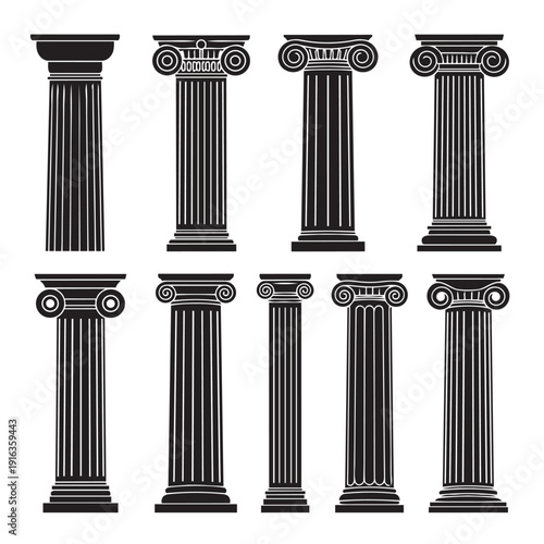 Classic ancient Greek and Roman column vector set. Includes various architectural elements. Created in black and white line style.