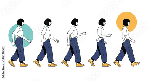 Animation sequence showing a young woman walking with several frames capturing her movement in a minimalist flat style.