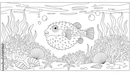 Detailed black and white coloring page featuring a spiky pufferfish swimming among coral reefs, sea plants, and shells on the ocean floor.