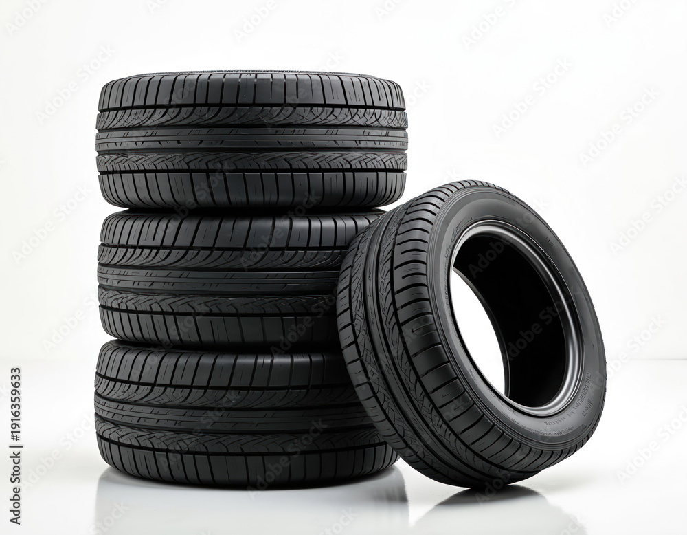 Obraz premium Set of five new car tires stacked in a pile. One tire is leaning against the stack. All tires are black rubber with tread patterns, isolated on a clean white background for product use.