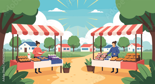 Charming village outdoor market scene with vendors selling local goods under red and white striped awnings on a sunny day.