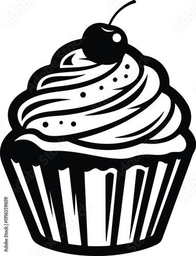 A monochrome illustration of a cupcake topped with a cherry and swirled frosting, viewed from the front.