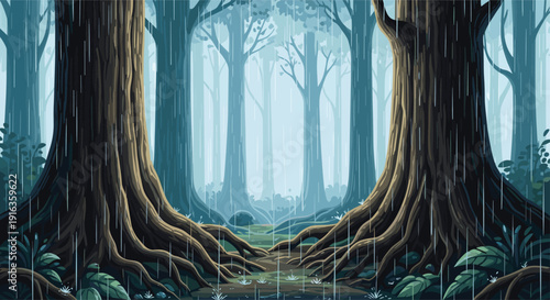 Moody and dark forest scene featuring large ancient tree trunks during a heavy rainstorm with puddles and mist.
