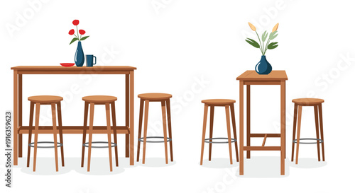 Minimalist set of tall wooden bar tables accompanied by matching stools and simple vases with flowers on a white background.