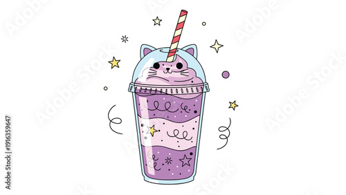 Purple and pink layered smoothie in a cat-shaped plastic cup with a striped straw is surrounded by stars and confetti.