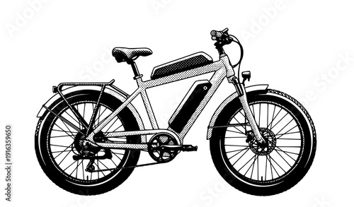 Modern Electric Bicycle Side View Halftone Black and White Vector Illustration