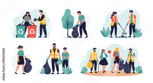Group of volunteers participating in waste cleanup activities including sorting recyclables and picking up litter in a park.
