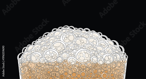 Close-up view of fresh beer foam with numerous small and large bubbles rising against a dark background, ideal for beverage advertising.