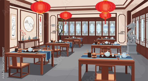 Elegant traditional Chinese restaurant interior featuring wooden tables, red paper lanterns, and decorative wall art in pixel art.