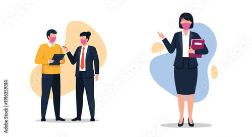 Professional business people wearing pink face masks while communicating in an office setting, representing health safety and workplace protocols.