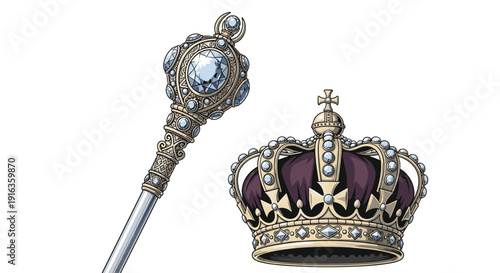Detailed illustration of a royal golden crown adorned with pearls and jewels alongside a magnificent jeweled scepter, representing monarchy.
