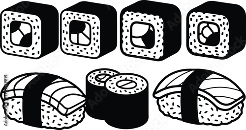 Assorted sushi pieces, including maki rolls and nigiri, displayed from a top-down viewpoint in a clean environment