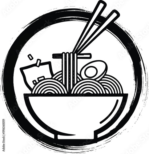 A steaming bowl of noodles with chopsticks, egg, and seasonings, illustrated in a minimalist style