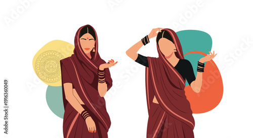 Illustration of two elegant Indian women wearing traditional maroon saris and jewelry, standing against abstract colorful shapes and mandala art.
