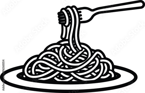 Fork twirling a tangle of spaghetti on a plate viewed from a slight angle