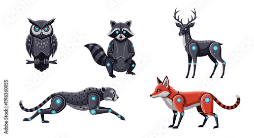 Set of futuristic robotic animals including an owl, raccoon, deer, cheetah, and fox with glowing blue mechanical joints and metallic plating.