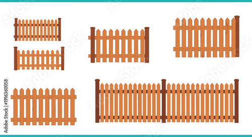 Collection of various wooden picket fence sections in different heights and styles, perfect for garden design and property boundary concepts.