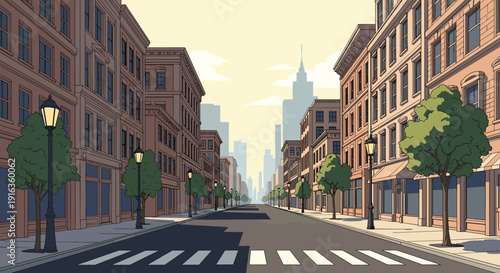 Peaceful urban scene of a long empty city street lined with traditional brownstone buildings, green trees, and vintage street lamps at sunrise.