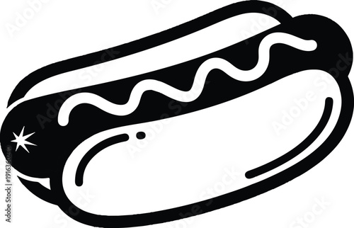 A cartoon hotdog graphic illustration viewed from the side with condiments and toppings