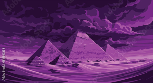 Dramatic landscape of the great pyramids in a desert setting under a heavy, dark purple stormy sky, creating a mysterious and epic atmosphere.