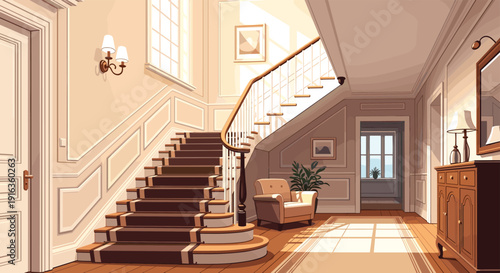 Luxurious interior scene of a spacious home hallway featuring a grand wooden staircase with a carpet runner and warm sunlight pouring in.