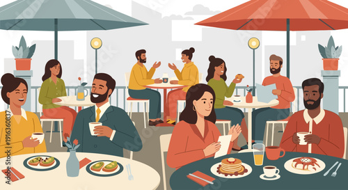 A diverse group of people enjoying meals and conversations at an outdoor cafe with umbrellas and city buildings in the background.