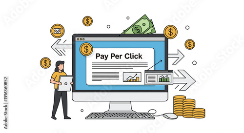 Professional business illustration of a woman working on payment accounting next to a laptop screen, money, and financial growth symbols.