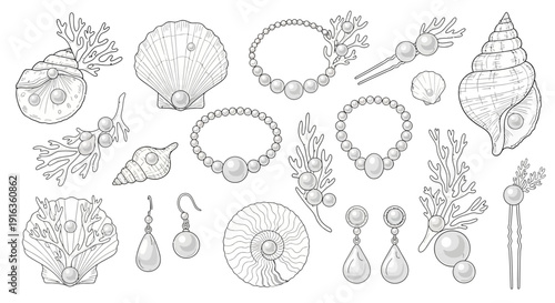 A detailed illustration of various pearl jewelry and seashells, including necklaces, bracelets, earrings, hairpins, and decorative coral elements.