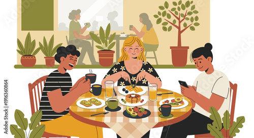 Three friends enjoying a meal together at an outdoor cafe, with two of them looking at their phones.