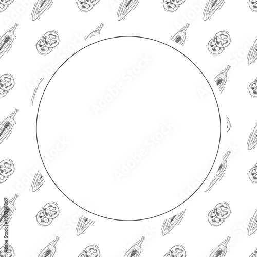 Hand drawn chili pepper circle frame, hot chili frame vintage background