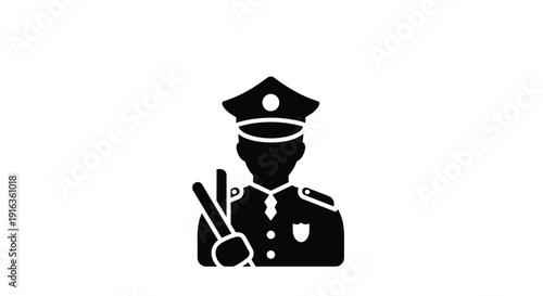 Silhouette of a police officer in uniform holding a baton and wearing a hat