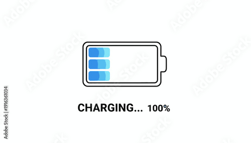 Battery Charging 100% Full Power Icon, Digital Display, Technology Concept