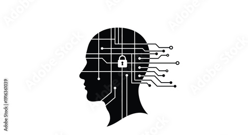 Digital human head with integrated circuitry and a padlock symbol