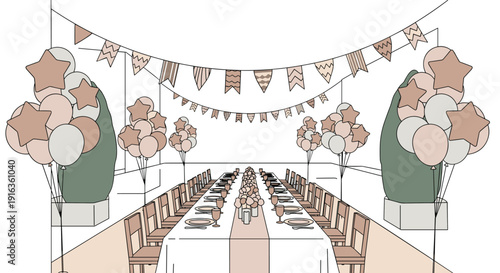 Elegant long banquet table set for special celebration decorated with star balloons bunting banners and neutral color palette for formal event.