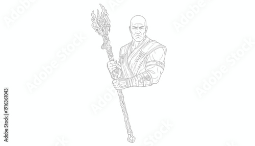 Bald warrior mage holding a staff, fantasy character illustration, black and white line art