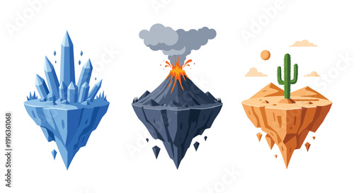 Set of three floating islands representing different biomes including ice crystals erupting volcano and desert landscape with cactus in pixel art style.