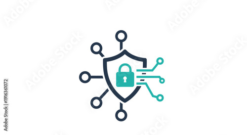 Cybersecurity shield icon with a padlock and connected network points