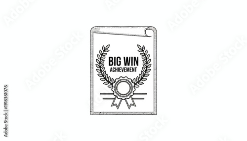 Big Win Achievement Certificate with Laurel Wreath and Seal - Black and White Sketch