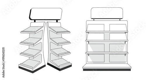 Set of empty retail shelving display units including curved side rack and standard gondola shelf for store layout and product presentation planning.
