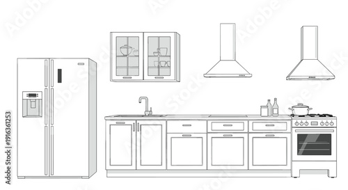 Modern kitchen interior design sketch featuring large refrigerator sink stovetop range hood and cabinets for domestic home improvement planning.