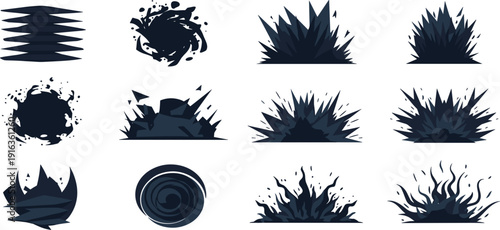 Black explosive action burst vector set with dark comic book blast shapes smoke clouds and sharp impact silhouette design elements for game VFX.