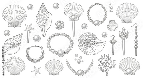 A detailed line drawing showcases a collection of marine-themed jewelry and decorative items, including seashells, pearls, necklaces, earrings, and coral.