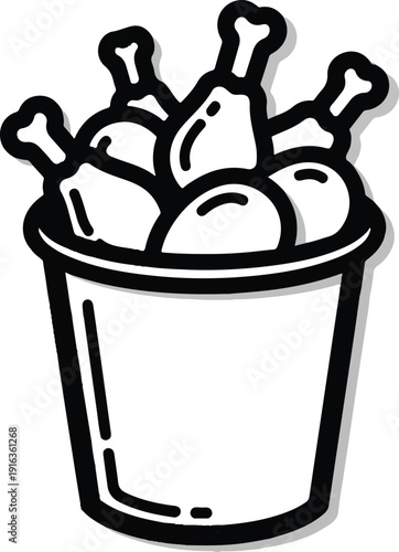 Illustration of a bucket filled with fried chicken and drumsticks viewed from the front