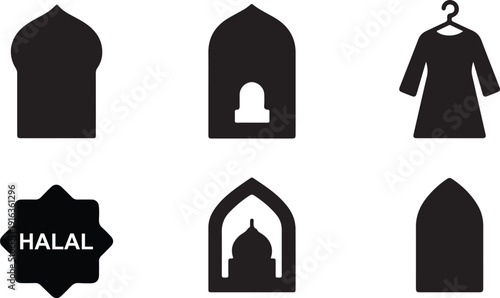 Islamic and Ramadan Icon Set with Mosque Halal and Modest Fashion