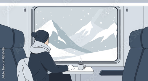 A person in a warm scarf and hat looks out a train window at snow-covered mountains.