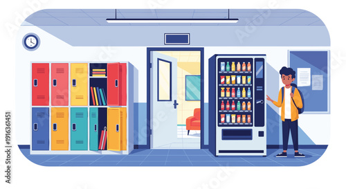 Young student with backpack standing at school hallway vending machine next to colorful lockers and open classroom door for campus life concept.