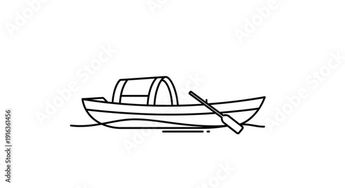 Simple Line Art Drawing of a Traditional Boat with Oar on Water