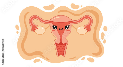 Adorable cartoon illustration of a smiling human uterus with pink color and friendly face for women's health and reproductive education theme.