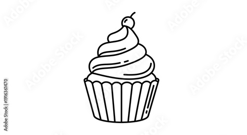 Simple Line Art Cupcake with Cherry on Top